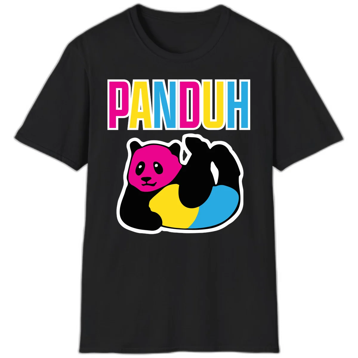 Colorful panda illustration with magenta face and black body, yellow and cyan sections, bold PANDOUH text above in CMYK colors in Black