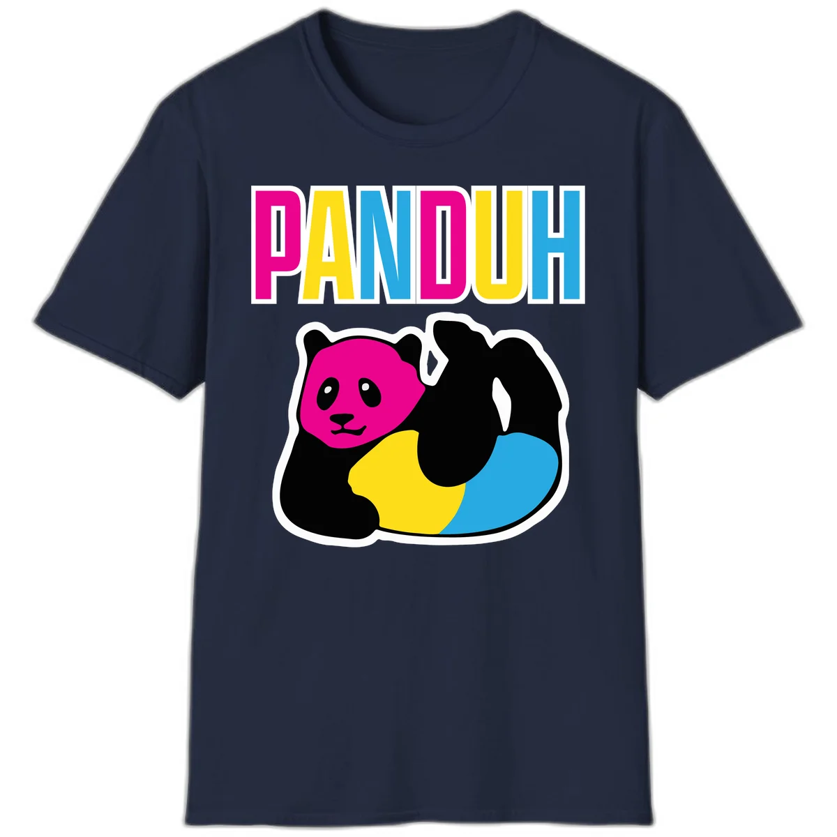 Colorful panda illustration with magenta face and black body, yellow and cyan sections, bold PANDOUH text above in CMYK colors in Navy