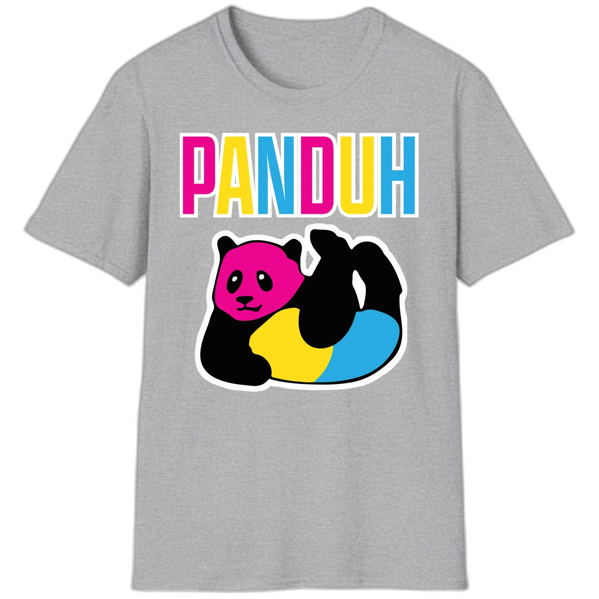 Colorful panda illustration with magenta face and black body, yellow and cyan sections, bold PANDOUH text above in CMYK colors in Sport Grey