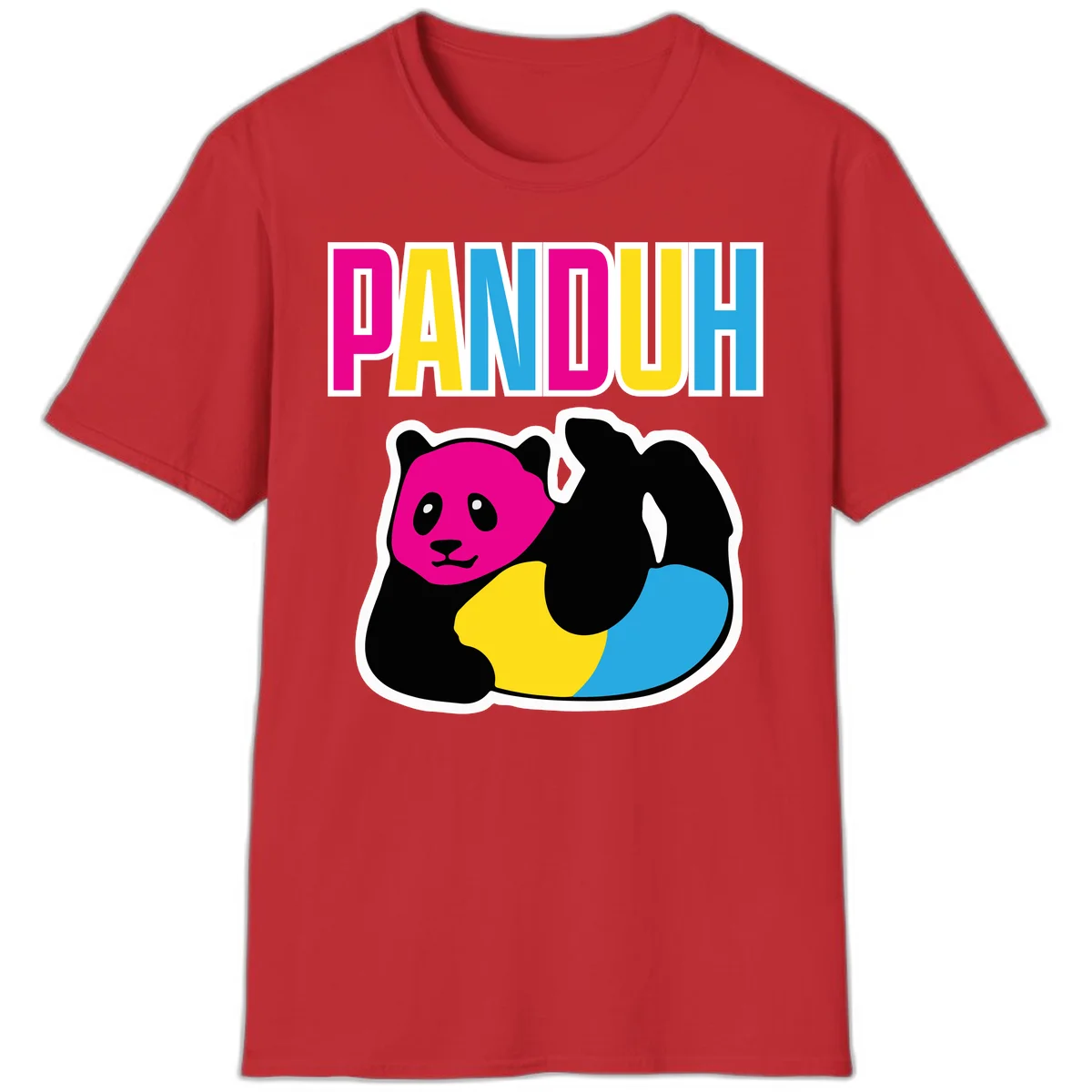 Colorful panda illustration with magenta face and black body, yellow and cyan sections, bold PANDOUH text above in CMYK colors in Red