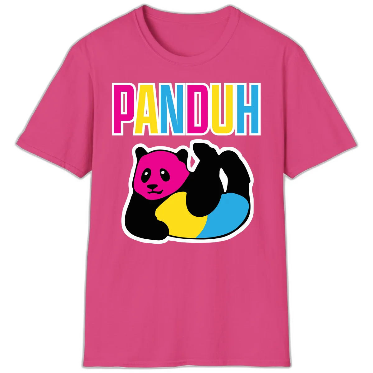 Colorful panda illustration with magenta face and black body, yellow and cyan sections, bold PANDOUH text above in CMYK colors in Heliconia