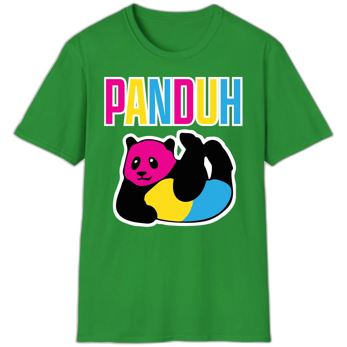 Colorful panda illustration with magenta face and black body, yellow and cyan sections, bold PANDOUH text above in CMYK colors in Irish Green