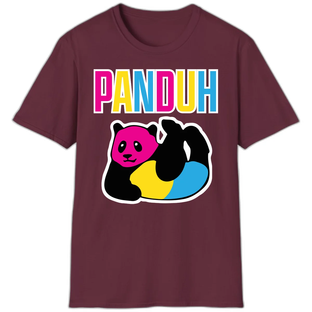 Colorful panda illustration with magenta face and black body, yellow and cyan sections, bold PANDOUH text above in CMYK colors in Maroon