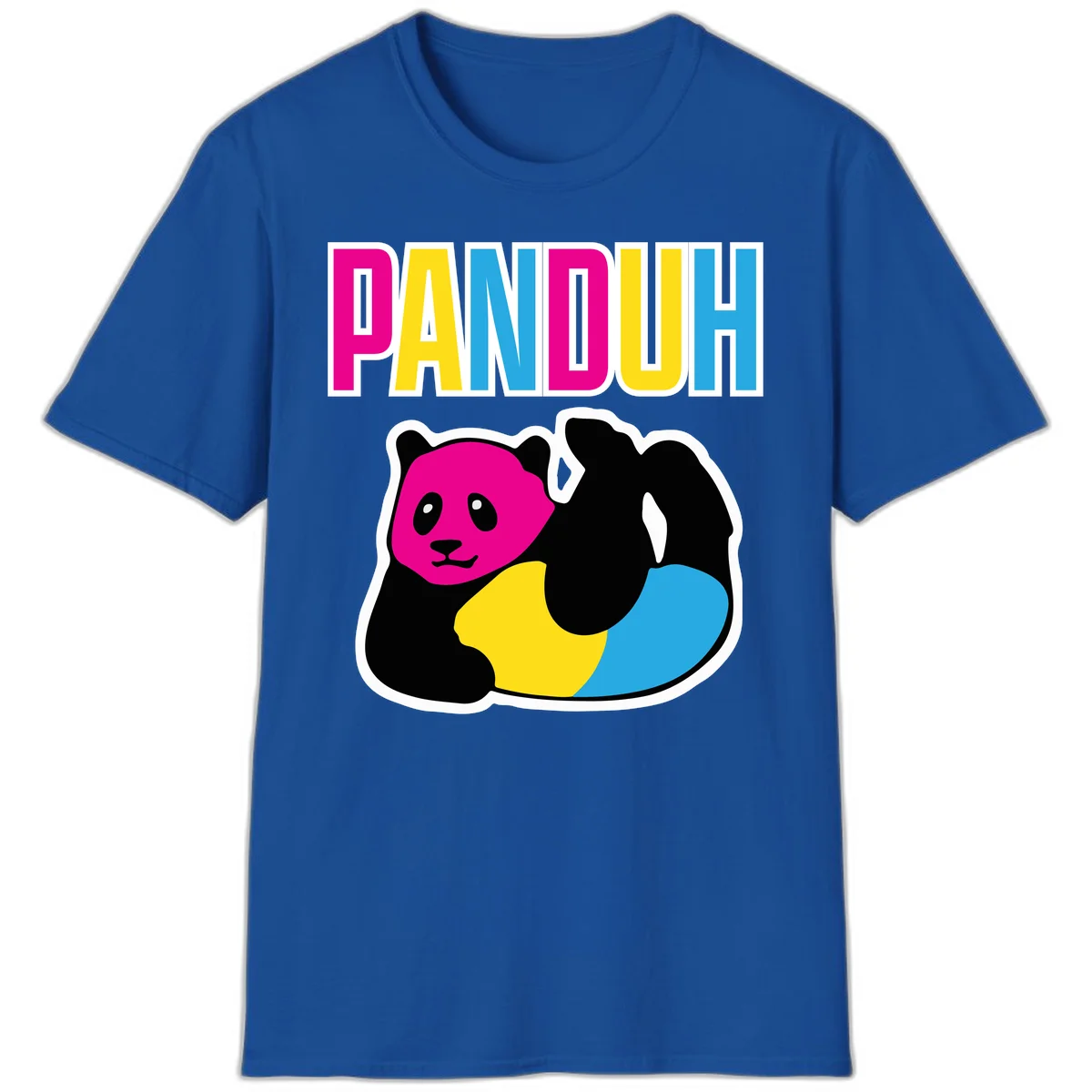 Colorful panda illustration with magenta face and black body, yellow and cyan sections, bold PANDOUH text above in CMYK colors in Royal