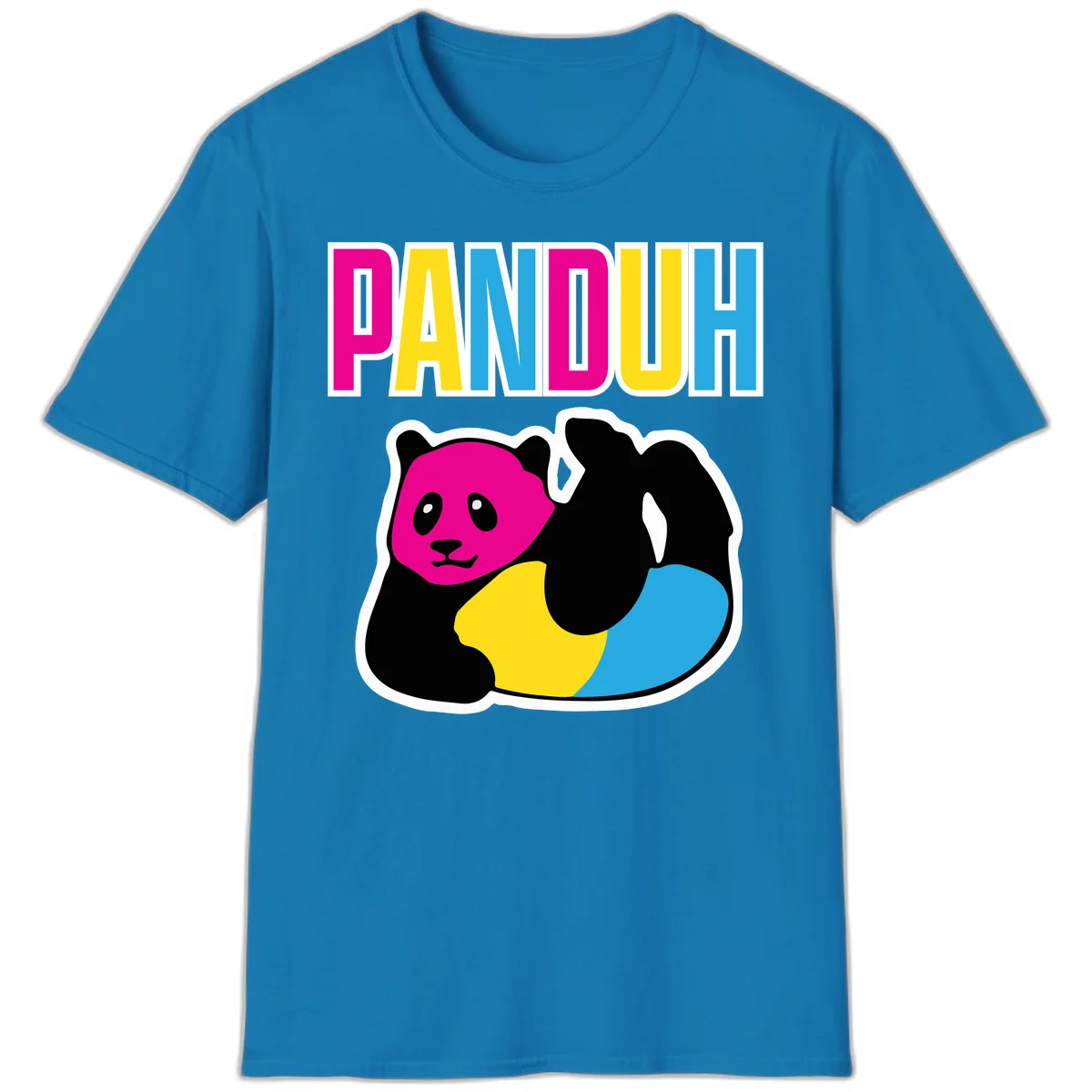 Colorful panda illustration with magenta face and black body, yellow and cyan sections, bold PANDOUH text above in CMYK colors in Sapphire