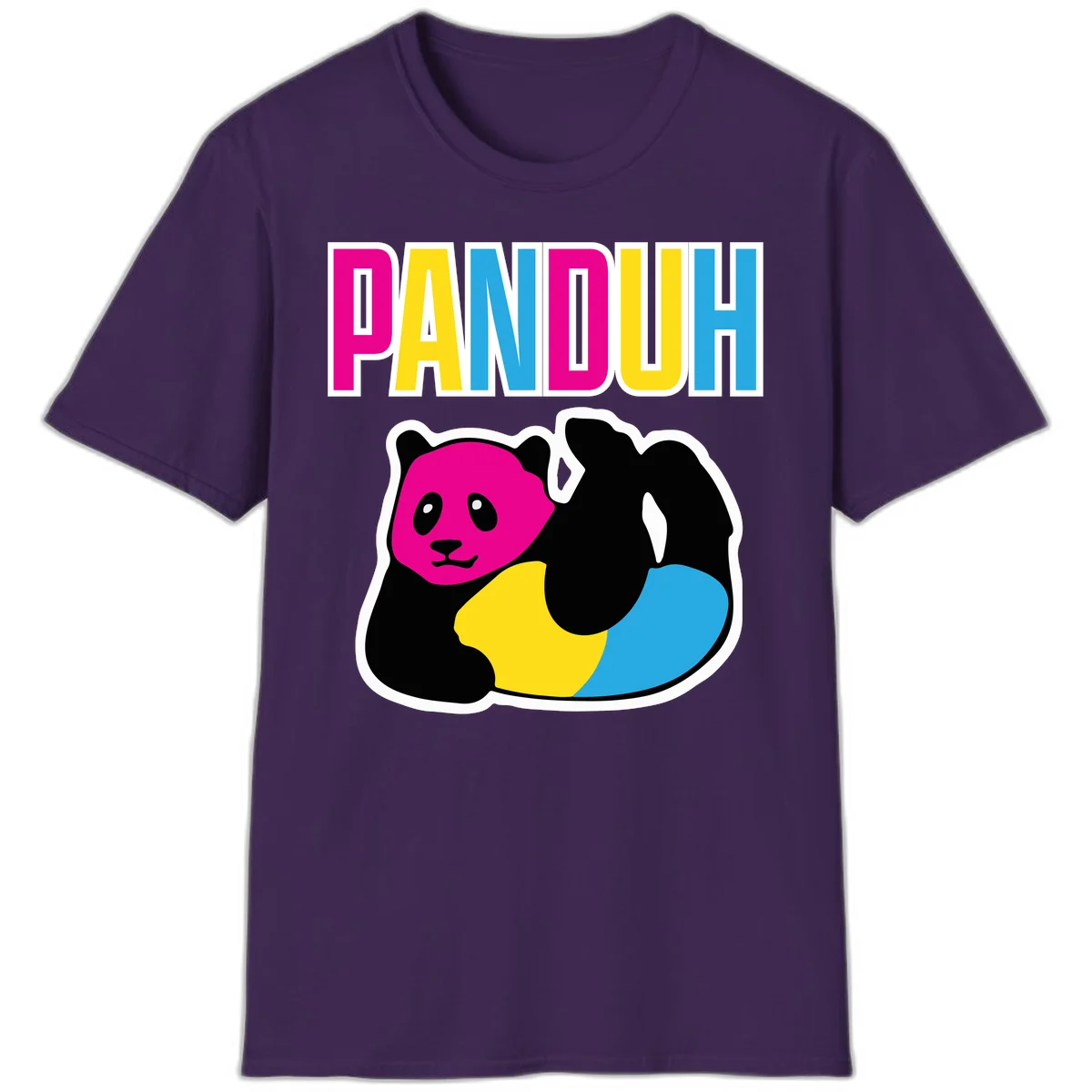 Colorful panda illustration with magenta face and black body, yellow and cyan sections, bold PANDOUH text above in CMYK colors in Purple