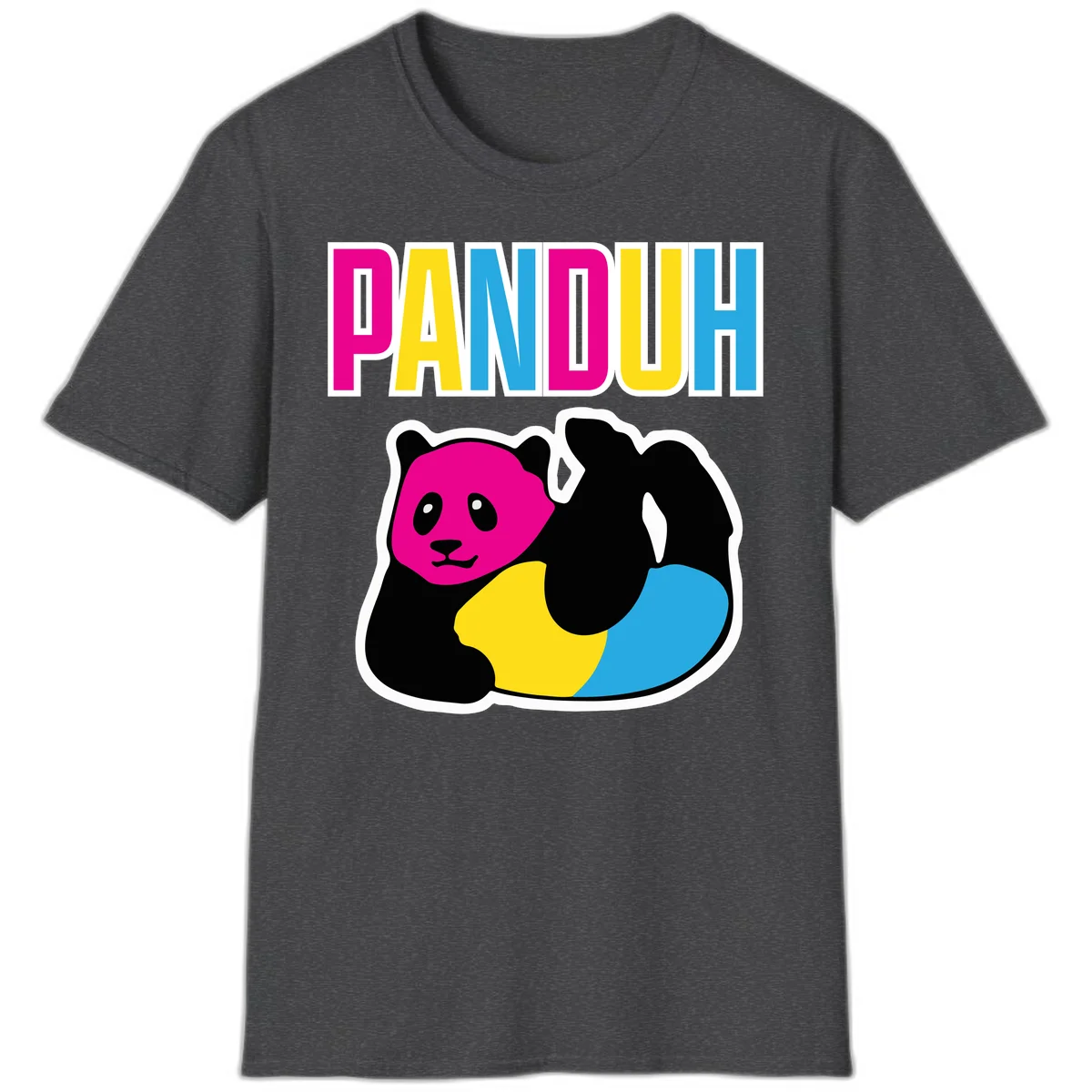 Colorful panda illustration with magenta face and black body, yellow and cyan sections, bold PANDOUH text above in CMYK colors in Dark Heather