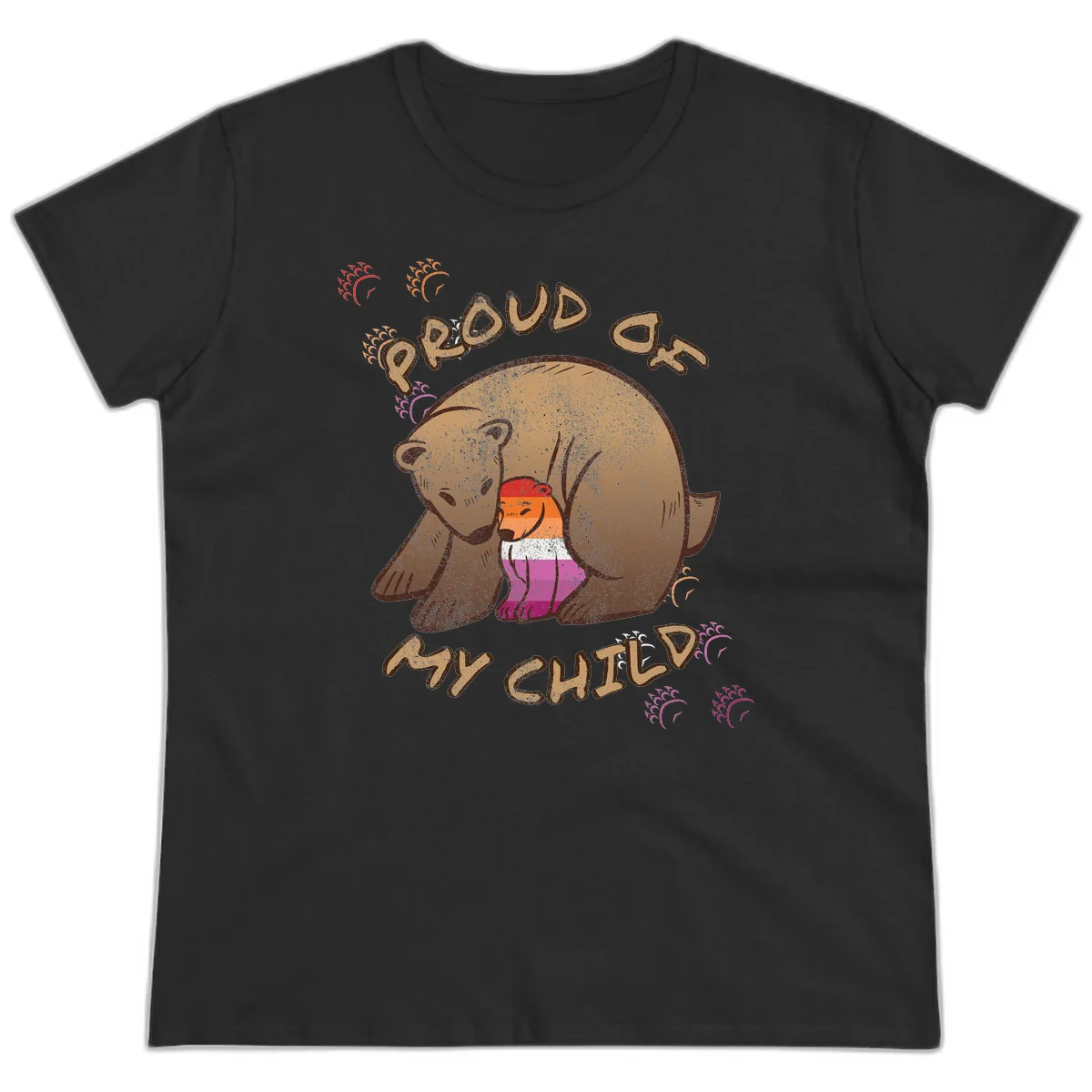 Brown bear proudly holding a sushi roll with pride flag stripes, surrounded by sparkles and text reading 'PROUD AS MY SUSHI' in Black