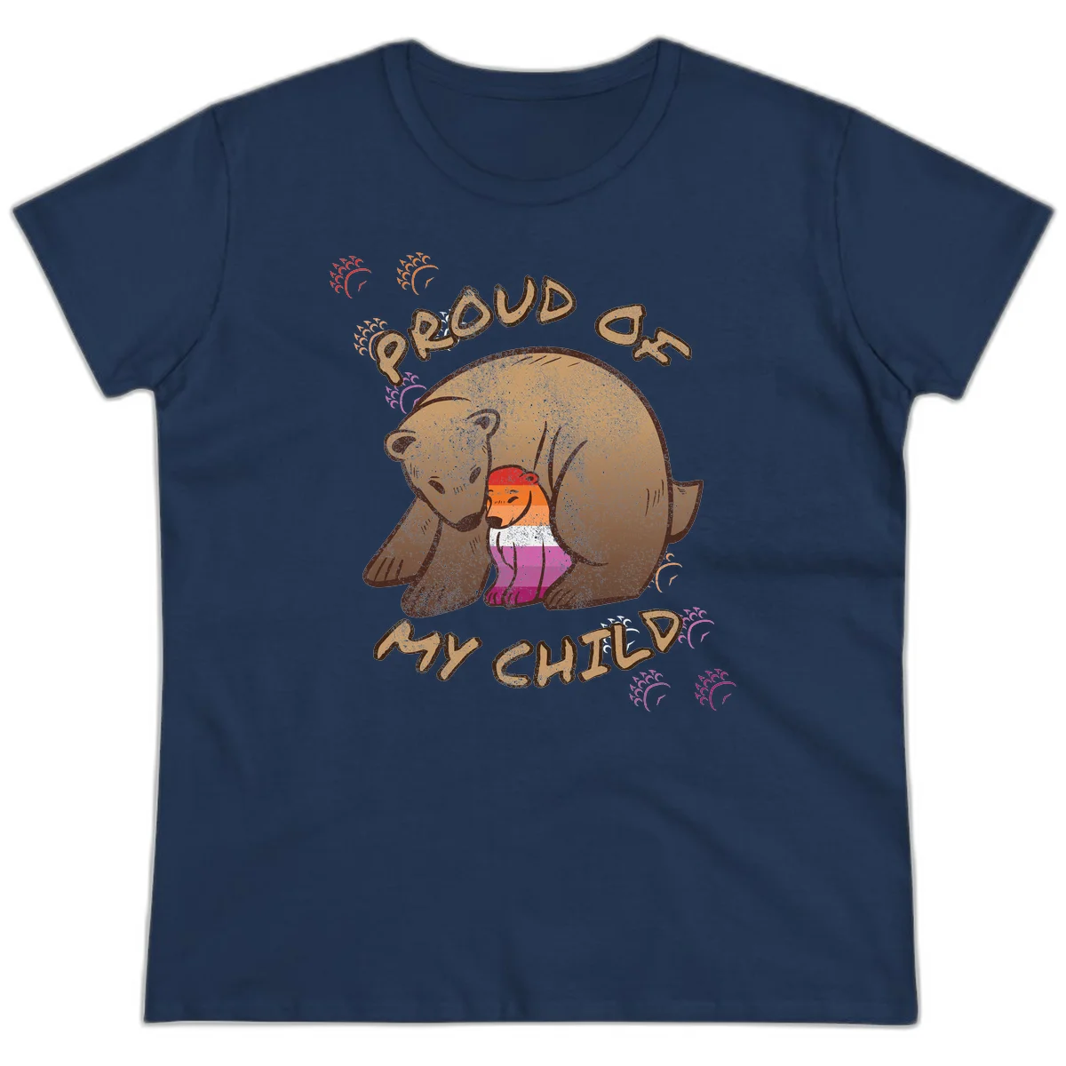 Brown bear proudly holding a sushi roll with pride flag stripes, surrounded by sparkles and text reading 'PROUD AS MY SUSHI' in Navy
