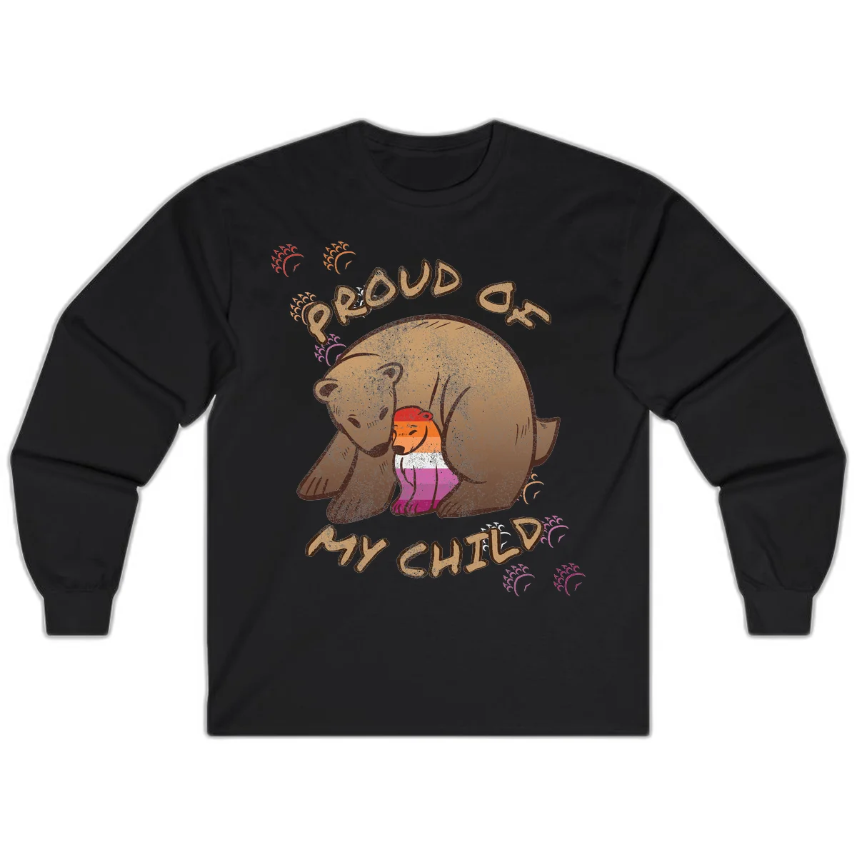 Brown bear proudly holding a sushi roll with pride flag stripes, surrounded by sparkles and text reading 'PROUD AS MY SUSHI' in Black