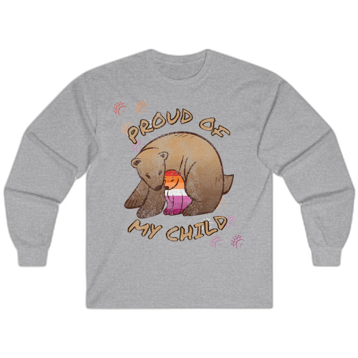 Brown bear proudly holding a sushi roll with pride flag stripes, surrounded by sparkles and text reading 'PROUD AS MY SUSHI' in Sport Grey