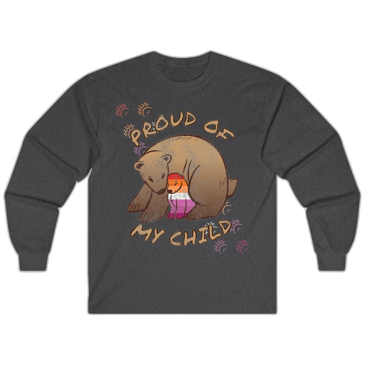 Brown bear proudly holding a sushi roll with pride flag stripes, surrounded by sparkles and text reading 'PROUD AS MY SUSHI' in Dark Heather
