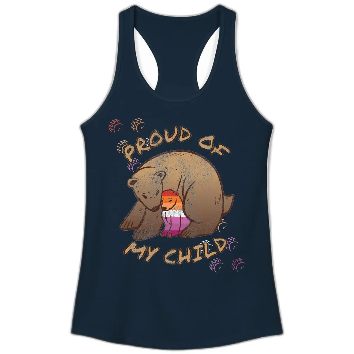 Brown bear proudly holding a sushi roll with pride flag stripes, surrounded by sparkles and text reading 'PROUD AS MY SUSHI' in Solid Midnight Navy