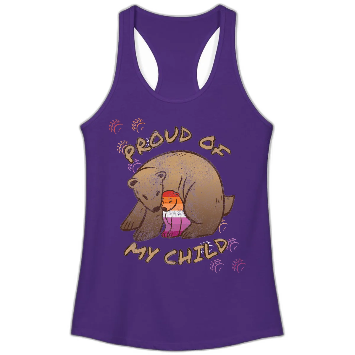 Brown bear proudly holding a sushi roll with pride flag stripes, surrounded by sparkles and text reading 'PROUD AS MY SUSHI' in Solid Purple Rush