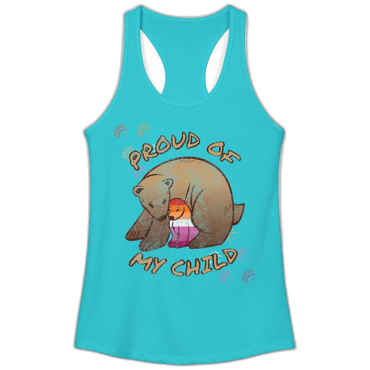 Brown bear proudly holding a sushi roll with pride flag stripes, surrounded by sparkles and text reading 'PROUD AS MY SUSHI' in Solid Tahiti Blue