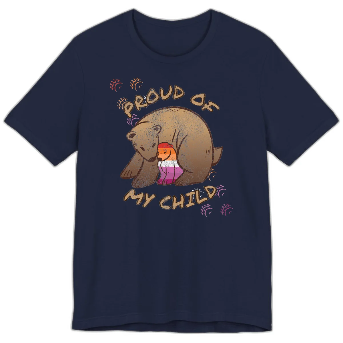 Brown bear proudly holding a sushi roll with pride flag stripes, surrounded by sparkles and text reading 'PROUD AS MY SUSHI' in Navy