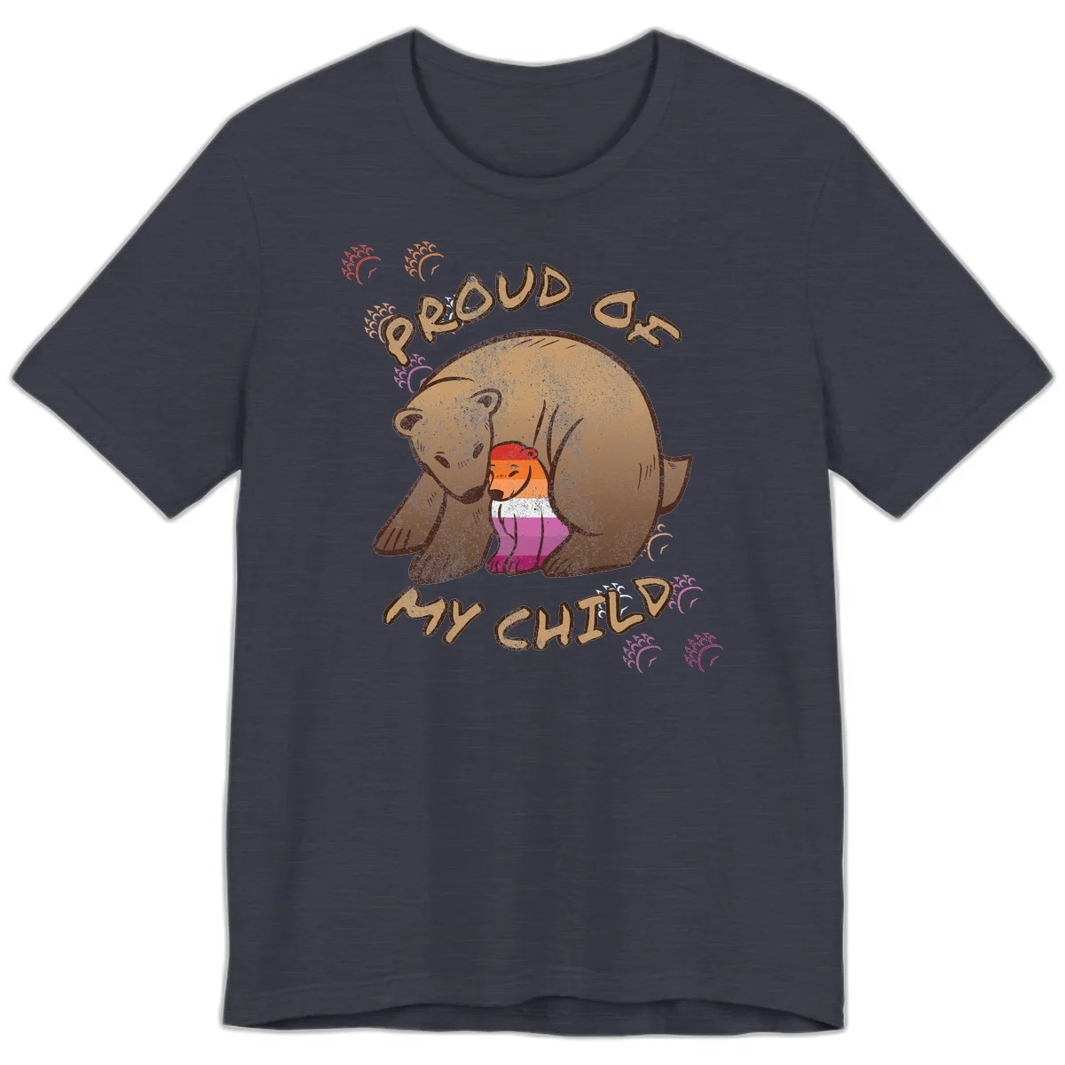 Brown bear proudly holding a sushi roll with pride flag stripes, surrounded by sparkles and text reading 'PROUD AS MY SUSHI' in Heather Midnight Navy
