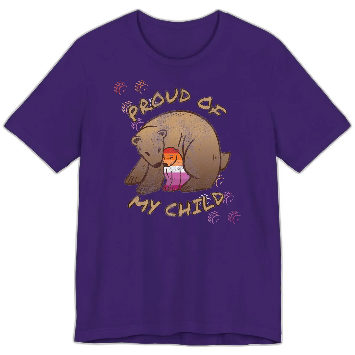 Brown bear proudly holding a sushi roll with pride flag stripes, surrounded by sparkles and text reading 'PROUD AS MY SUSHI' in Team Purple