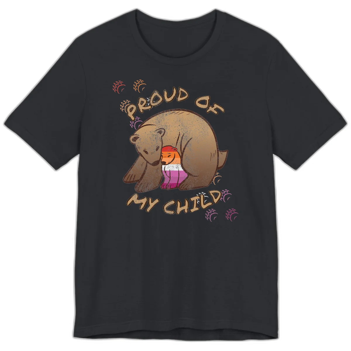 Brown bear proudly holding a sushi roll with pride flag stripes, surrounded by sparkles and text reading 'PROUD AS MY SUSHI' in Vintage Black