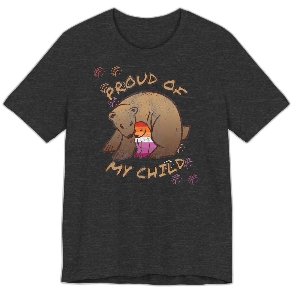 Brown bear proudly holding a sushi roll with pride flag stripes, surrounded by sparkles and text reading 'PROUD AS MY SUSHI' in Dark Grey Heather
