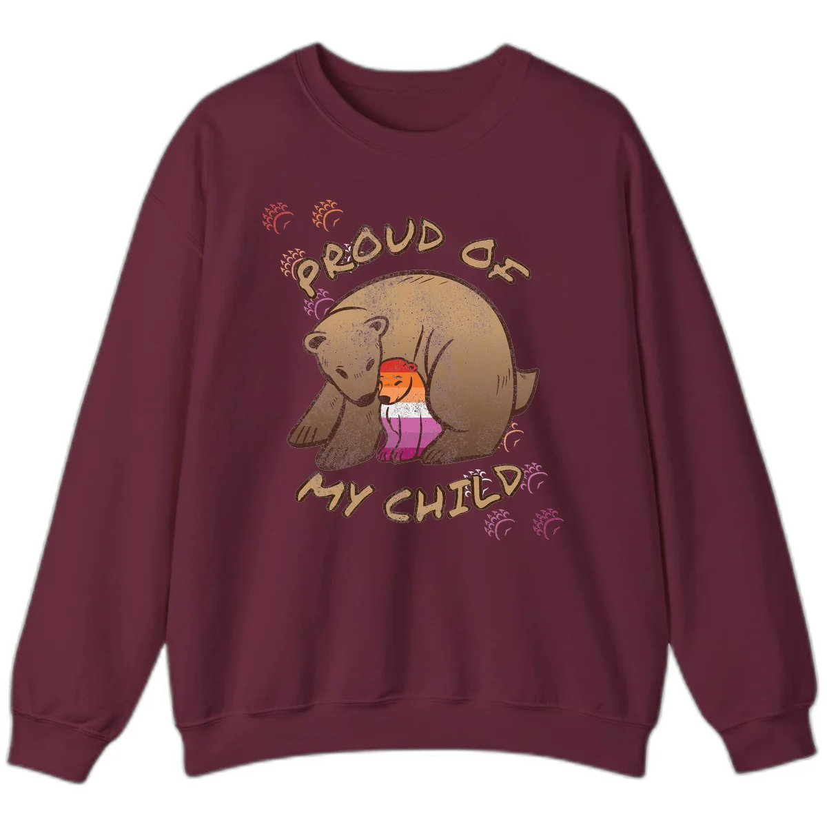 Brown bear proudly holding a sushi roll with pride flag stripes, surrounded by sparkles and text reading 'PROUD AS MY SUSHI' in Maroon