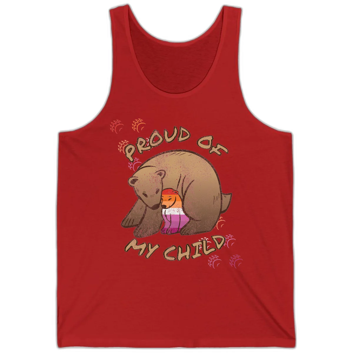 Brown bear proudly holding a sushi roll with pride flag stripes, surrounded by sparkles and text reading 'PROUD AS MY SUSHI' in Red