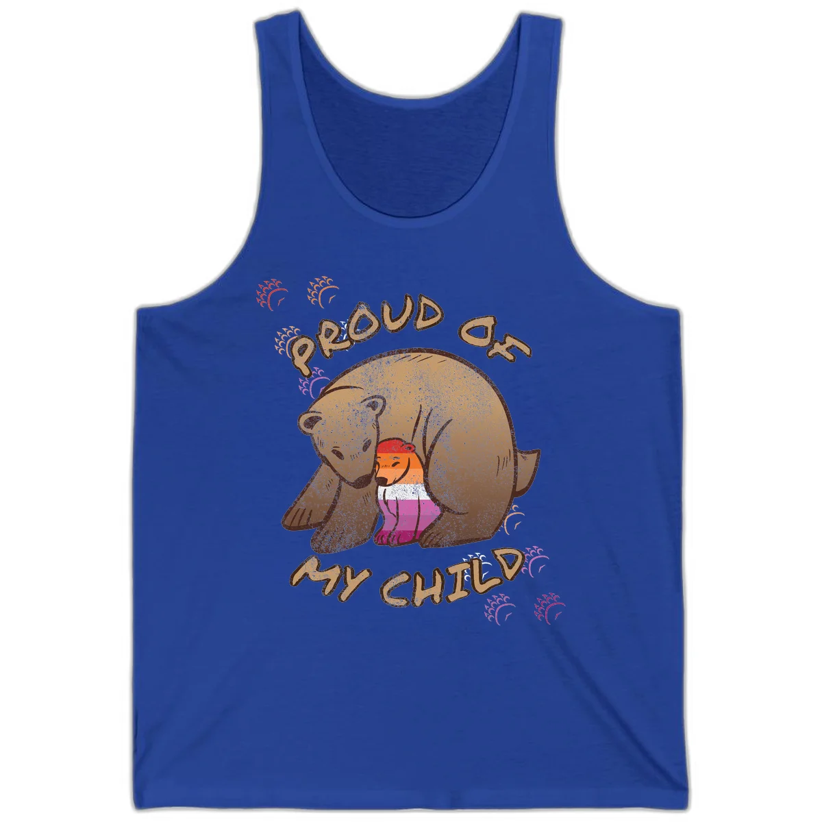 Brown bear proudly holding a sushi roll with pride flag stripes, surrounded by sparkles and text reading 'PROUD AS MY SUSHI' in True Royal