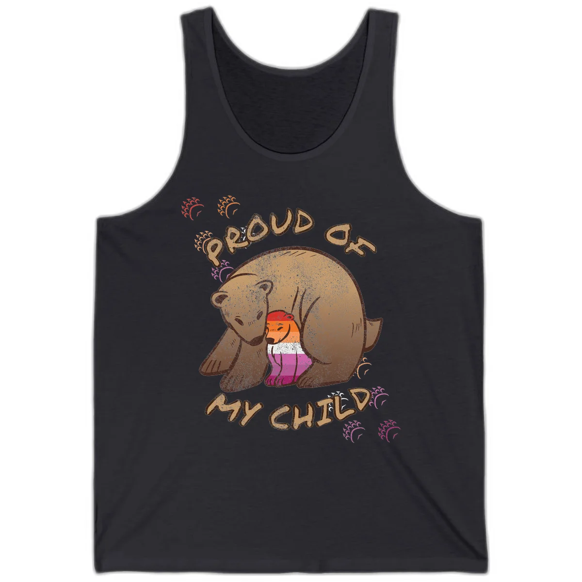 Brown bear proudly holding a sushi roll with pride flag stripes, surrounded by sparkles and text reading 'PROUD AS MY SUSHI' in Dark Grey