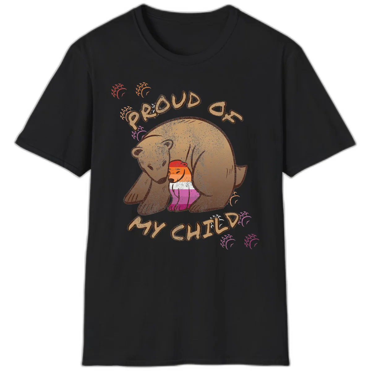 Brown bear proudly holding a sushi roll with pride flag stripes, surrounded by sparkles and text reading 'PROUD AS MY SUSHI' in Black