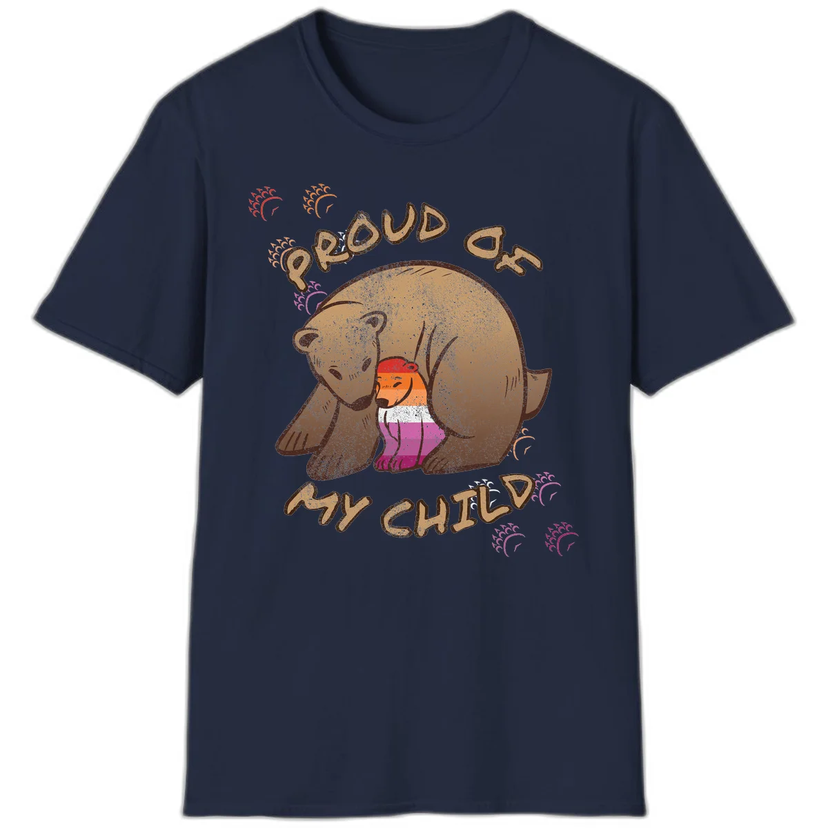 Brown bear proudly holding a sushi roll with pride flag stripes, surrounded by sparkles and text reading 'PROUD AS MY SUSHI' in Navy