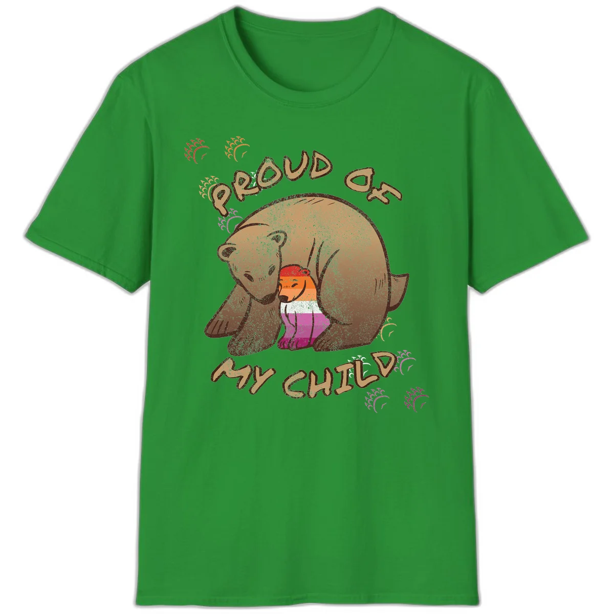 Brown bear proudly holding a sushi roll with pride flag stripes, surrounded by sparkles and text reading 'PROUD AS MY SUSHI' in Irish Green