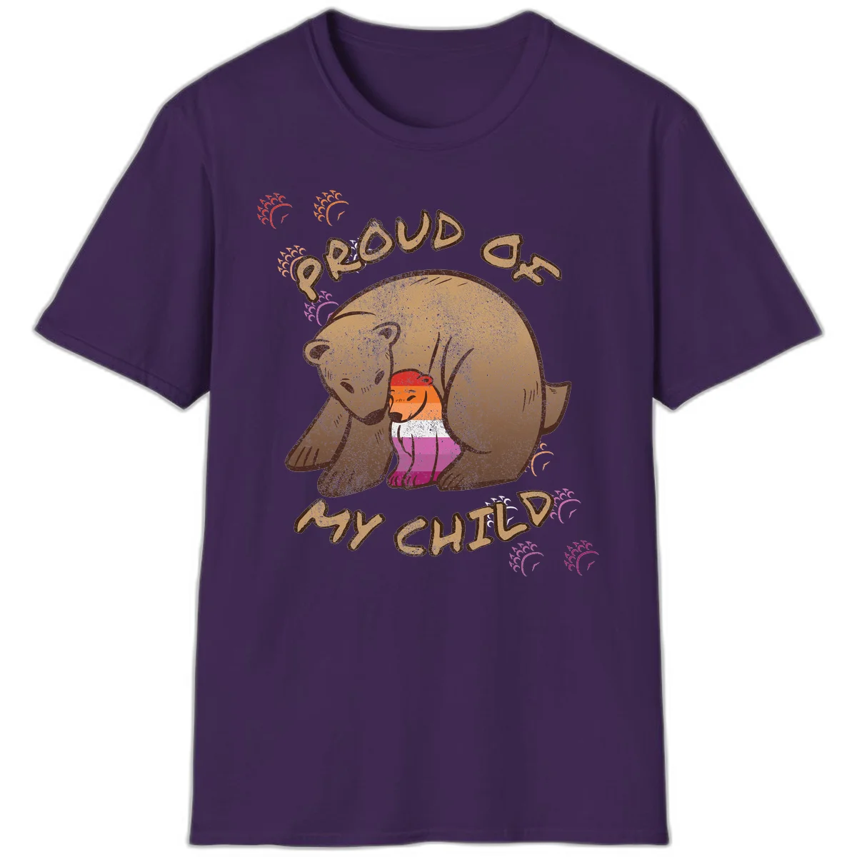Brown bear proudly holding a sushi roll with pride flag stripes, surrounded by sparkles and text reading 'PROUD AS MY SUSHI' in Purple