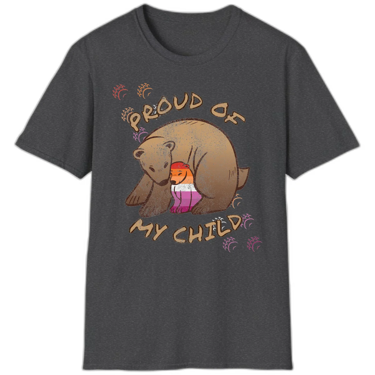 Brown bear proudly holding a sushi roll with pride flag stripes, surrounded by sparkles and text reading 'PROUD AS MY SUSHI' in Dark Heather