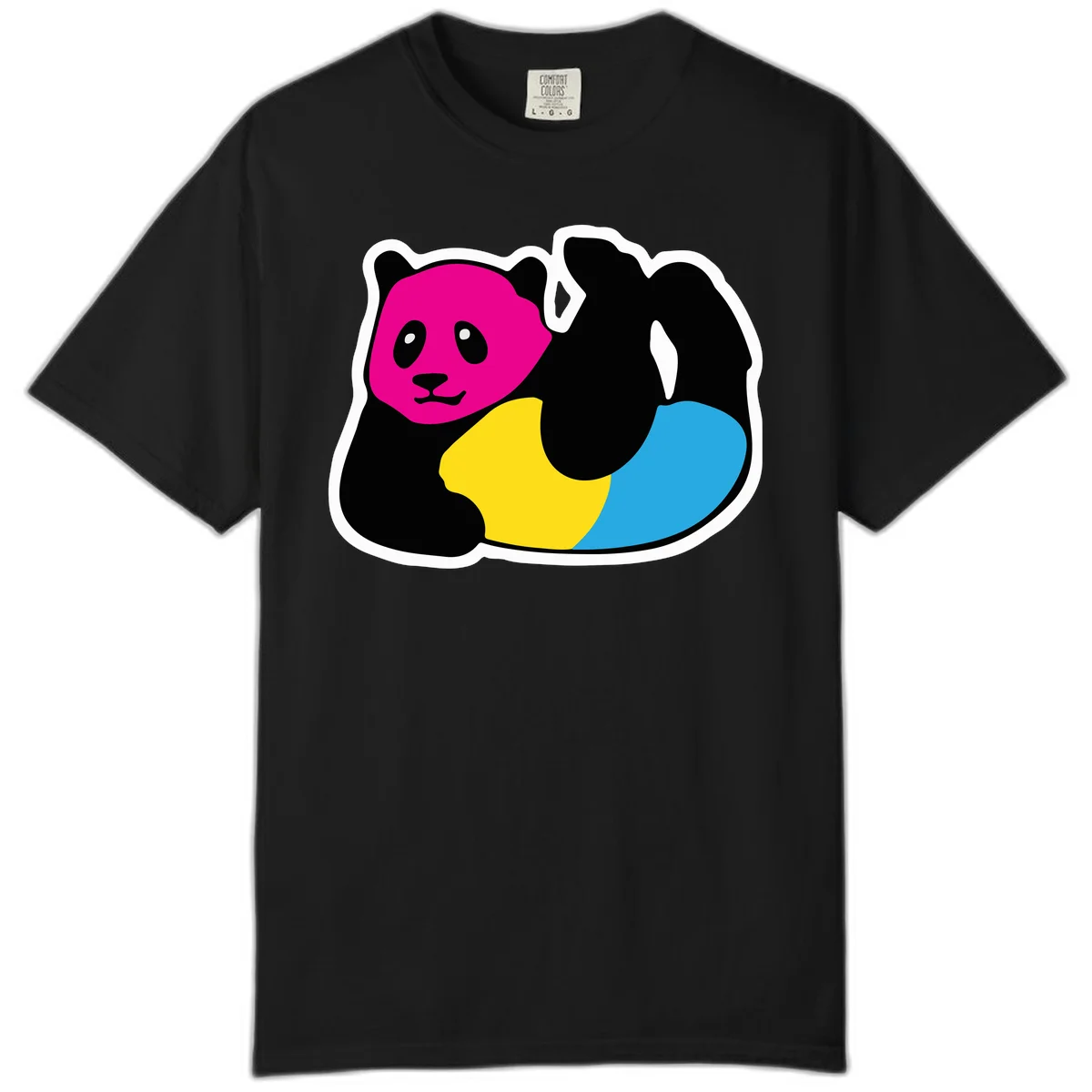 Cute panda illustration with magenta face, black body, and rainbow-colored yellow and cyan tail for pride-panda-rainbow design in Black