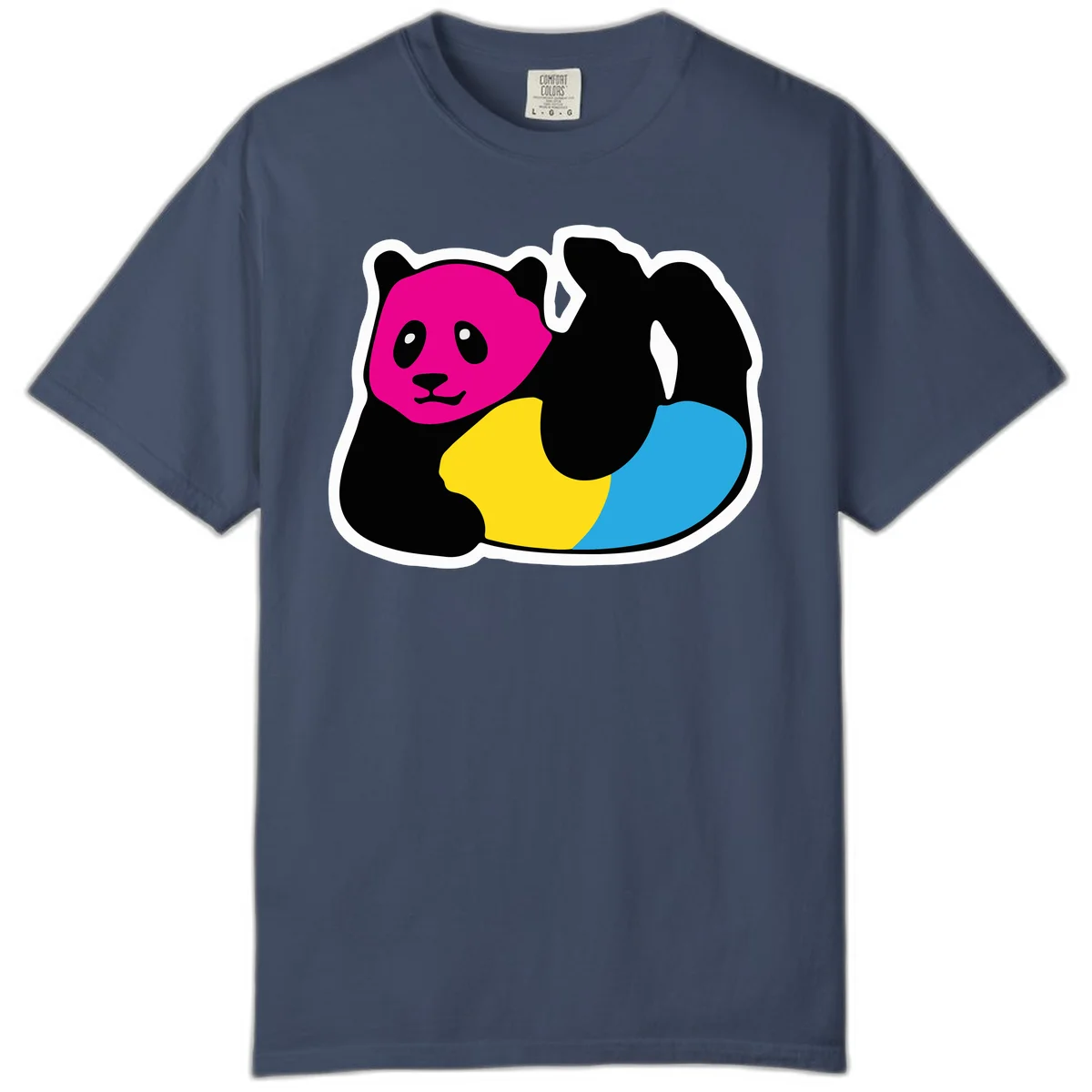 Cute panda illustration with magenta face, black body, and rainbow-colored yellow and cyan tail for pride-panda-rainbow design in Midnight