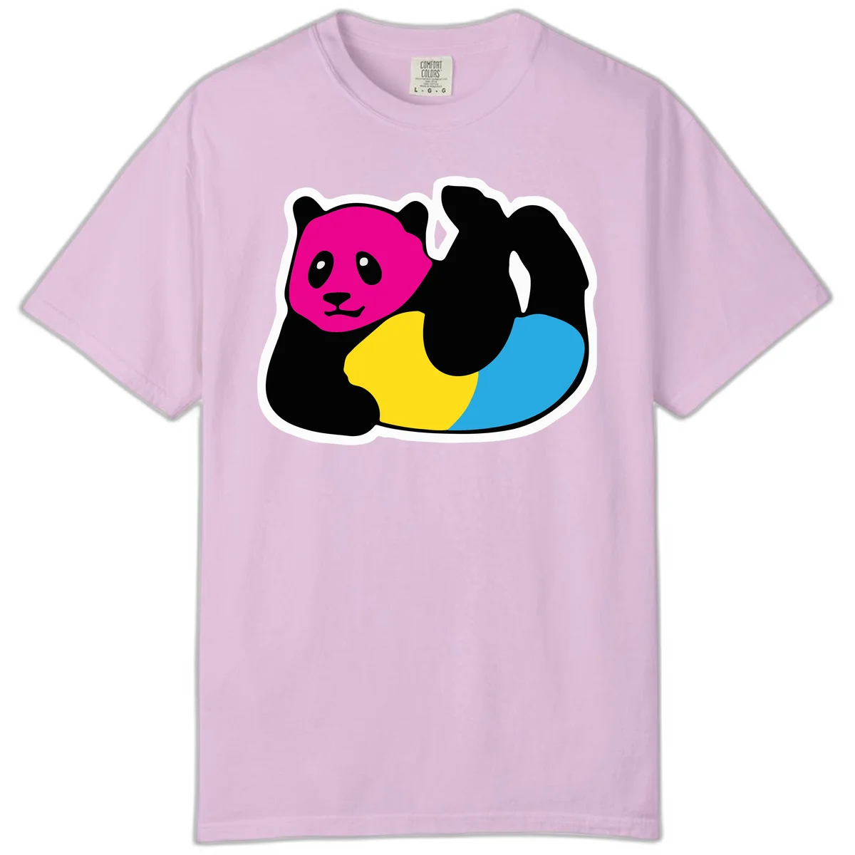 Cute panda illustration with magenta face, black body, and rainbow-colored yellow and cyan tail for pride-panda-rainbow design in Orchid