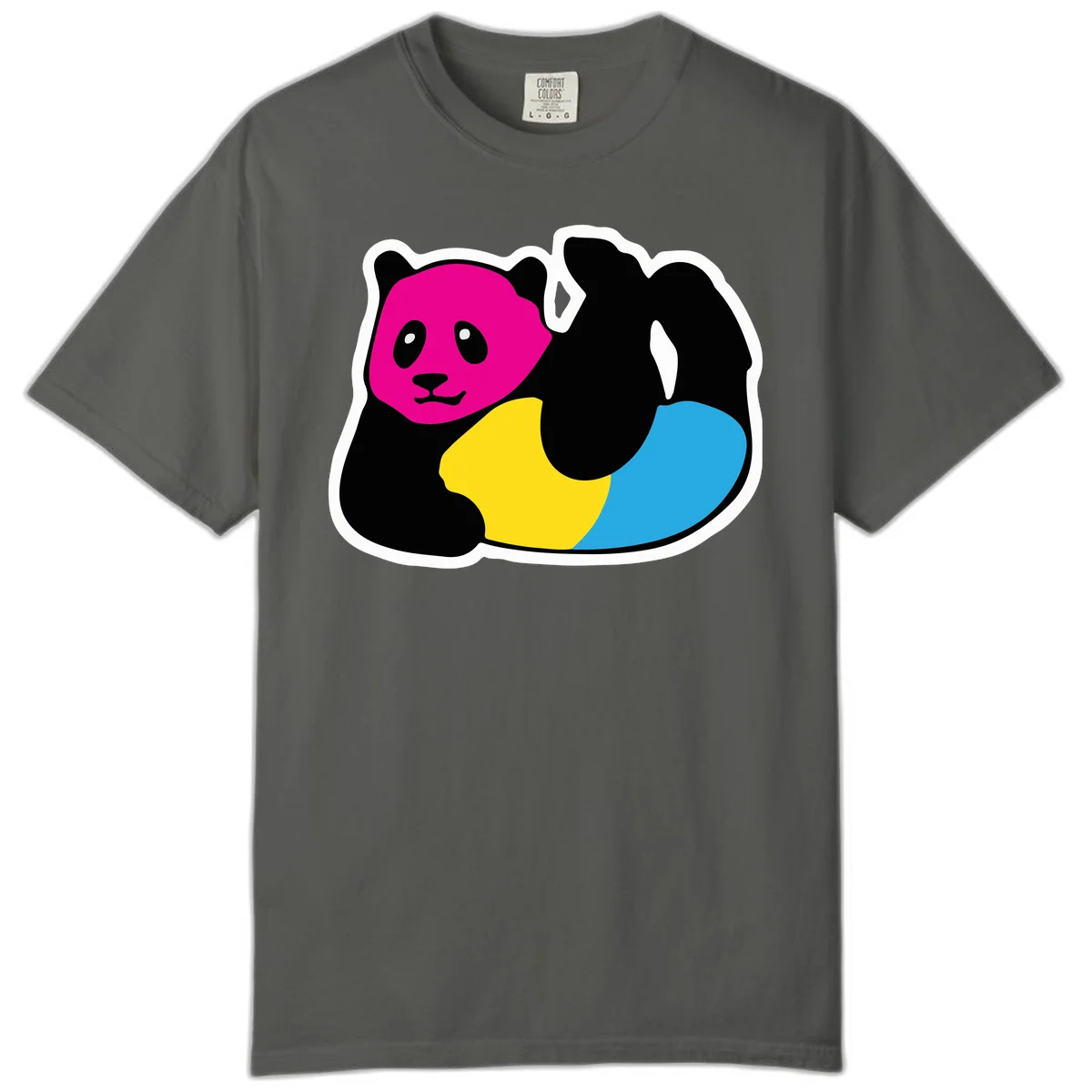 Cute panda illustration with magenta face, black body, and rainbow-colored yellow and cyan tail for pride-panda-rainbow design in Pepper