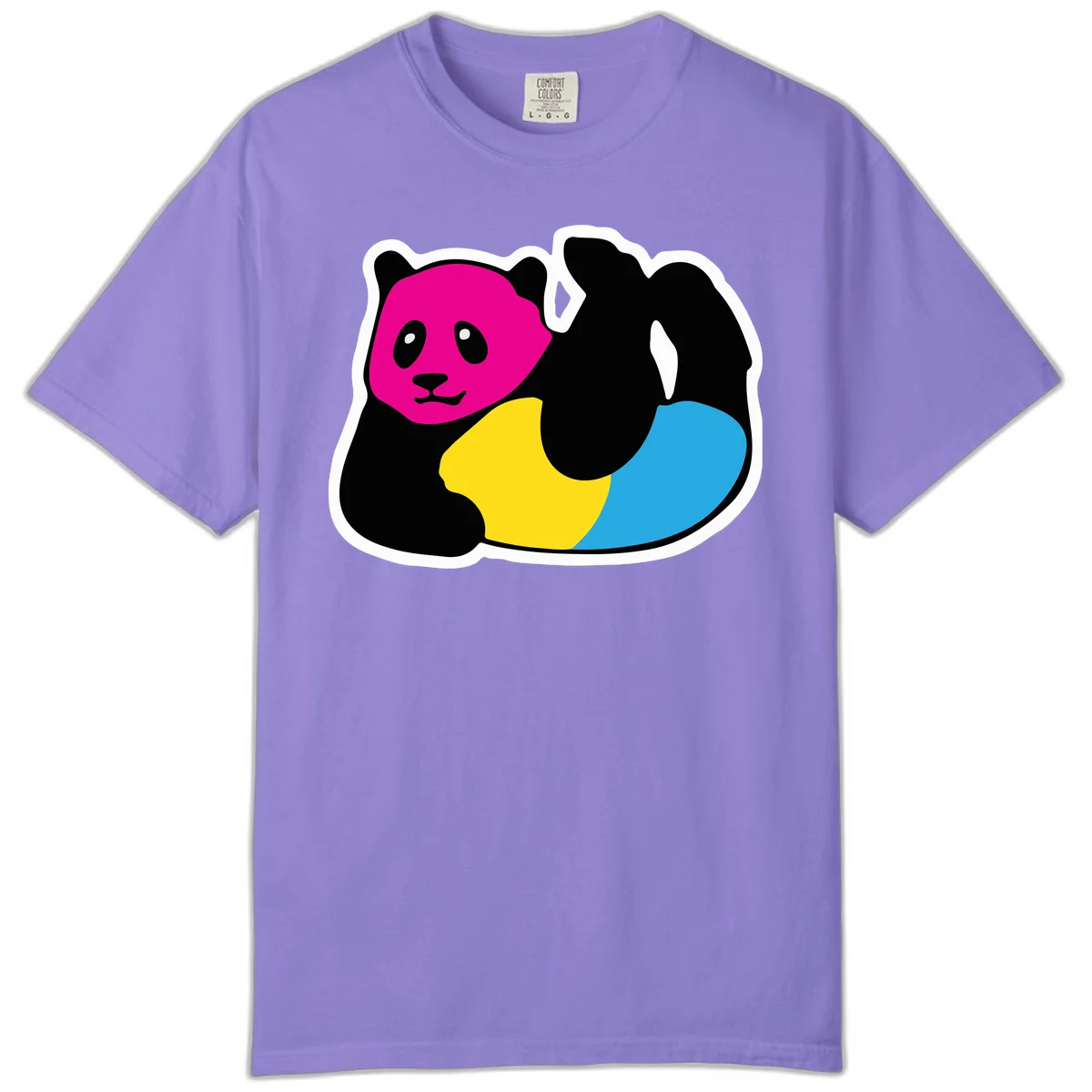 Cute panda illustration with magenta face, black body, and rainbow-colored yellow and cyan tail for pride-panda-rainbow design in Violet