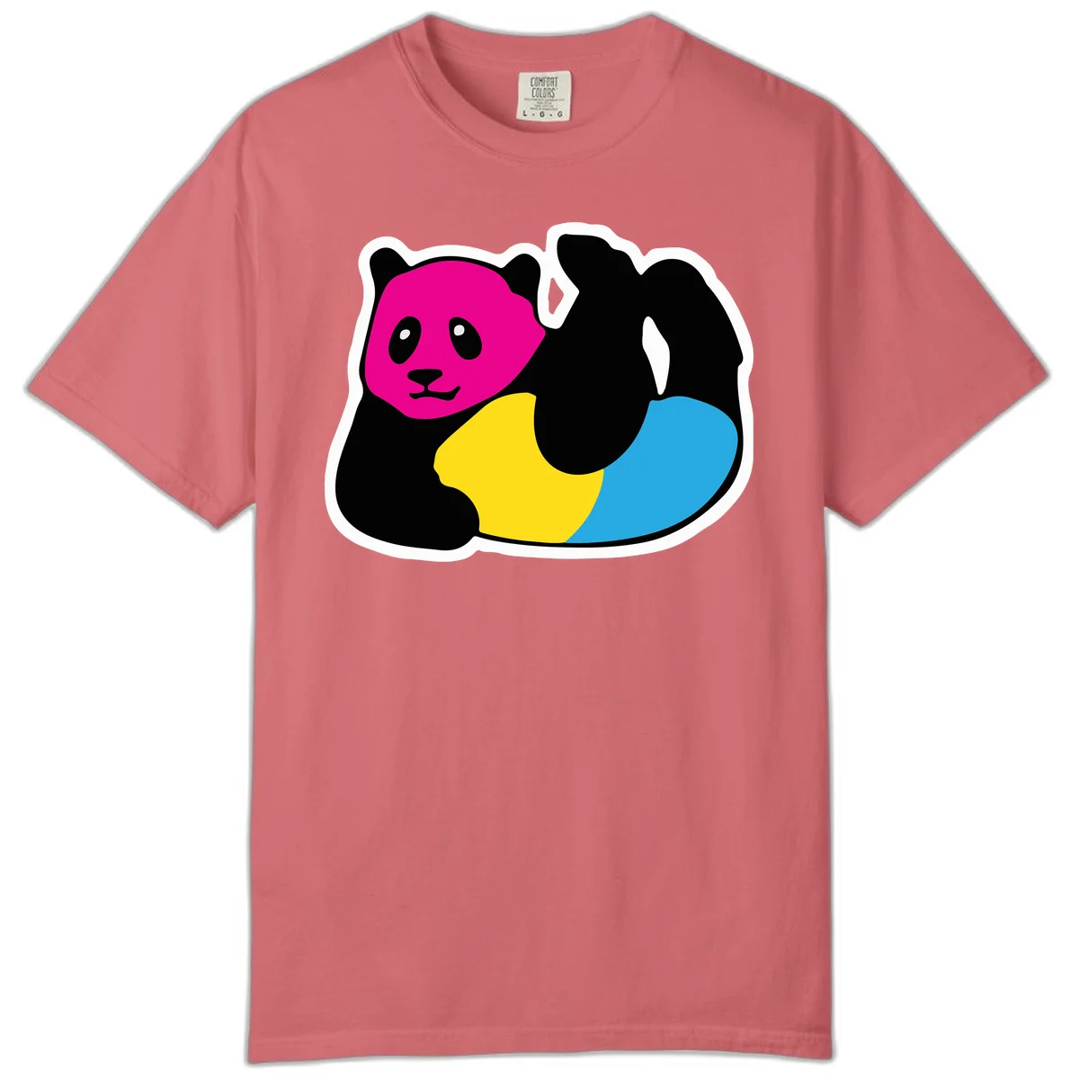 Cute panda illustration with magenta face, black body, and rainbow-colored yellow and cyan tail for pride-panda-rainbow design in Watermelon