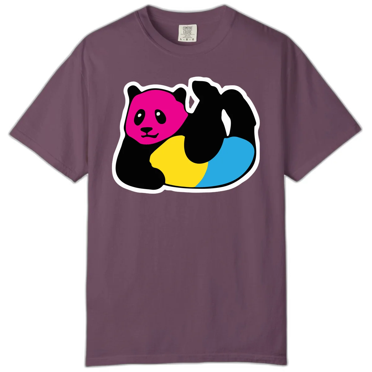 Cute panda illustration with magenta face, black body, and rainbow-colored yellow and cyan tail for pride-panda-rainbow design in Berry