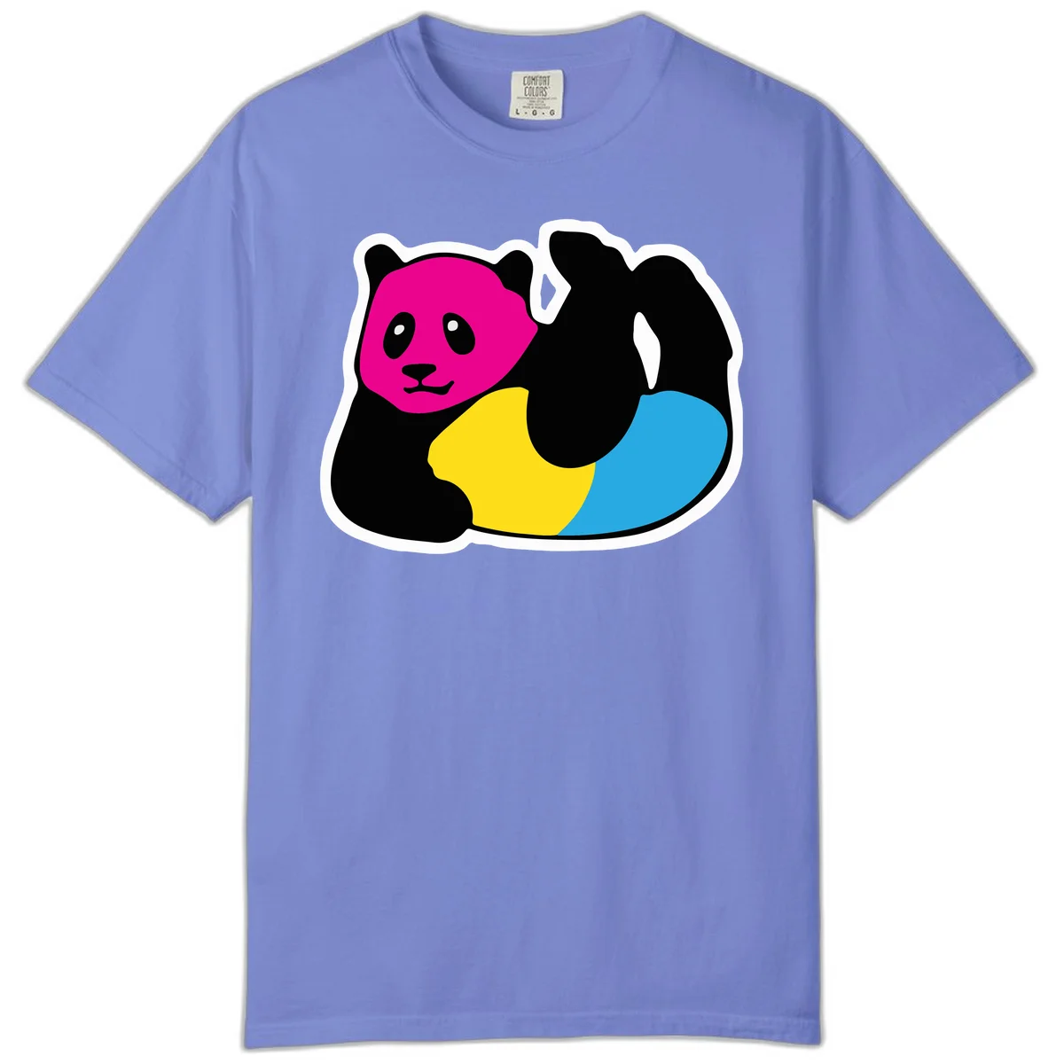 Cute panda illustration with magenta face, black body, and rainbow-colored yellow and cyan tail for pride-panda-rainbow design in Flo Blue