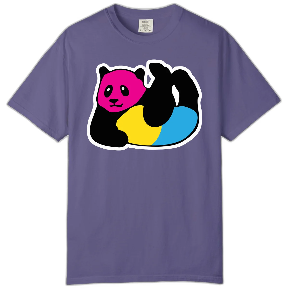 Cute panda illustration with magenta face, black body, and rainbow-colored yellow and cyan tail for pride-panda-rainbow design in Grape