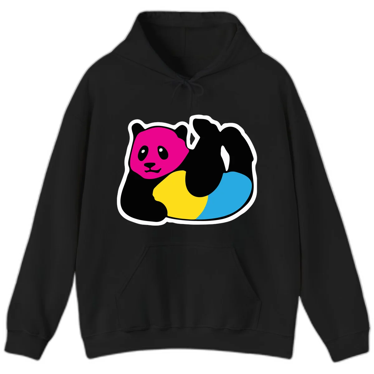 Cute panda illustration with magenta face, black body, and rainbow-colored yellow and cyan tail for pride-panda-rainbow design in Black