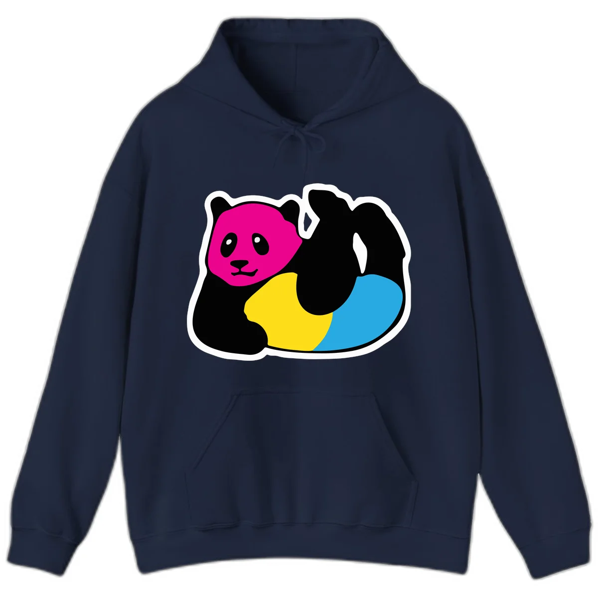 Cute panda illustration with magenta face, black body, and rainbow-colored yellow and cyan tail for pride-panda-rainbow design in Navy