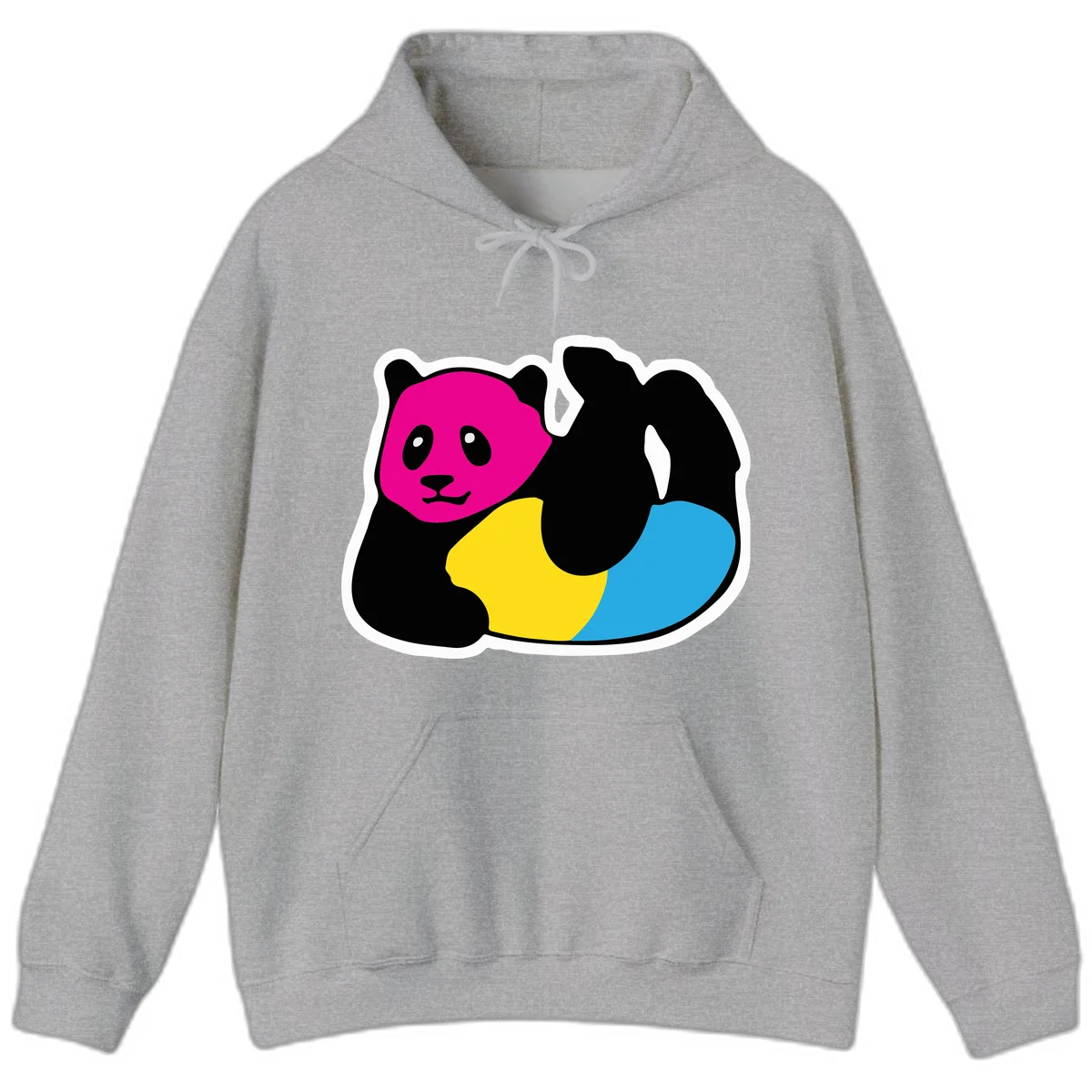 Cute panda illustration with magenta face, black body, and rainbow-colored yellow and cyan tail for pride-panda-rainbow design in Sport Grey