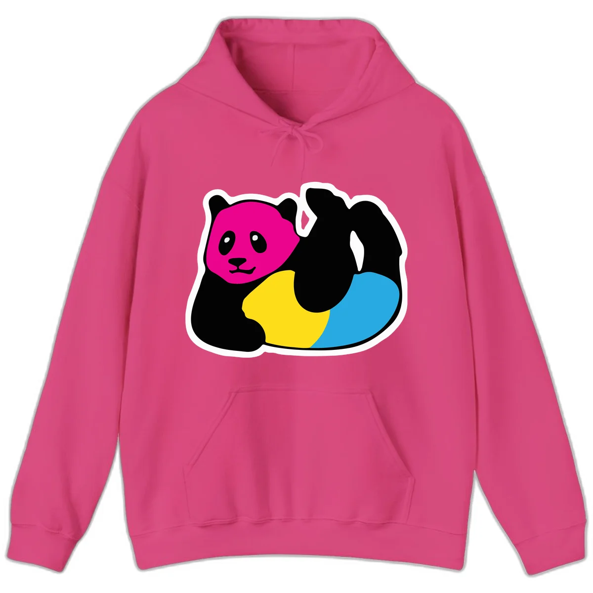 Cute panda illustration with magenta face, black body, and rainbow-colored yellow and cyan tail for pride-panda-rainbow design in Heliconia