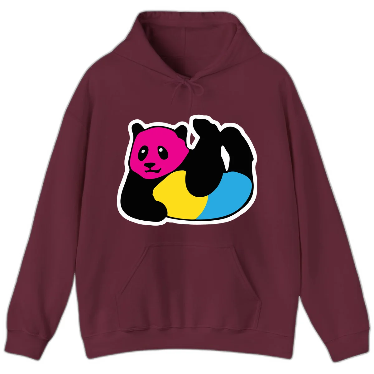 Cute panda illustration with magenta face, black body, and rainbow-colored yellow and cyan tail for pride-panda-rainbow design in Maroon