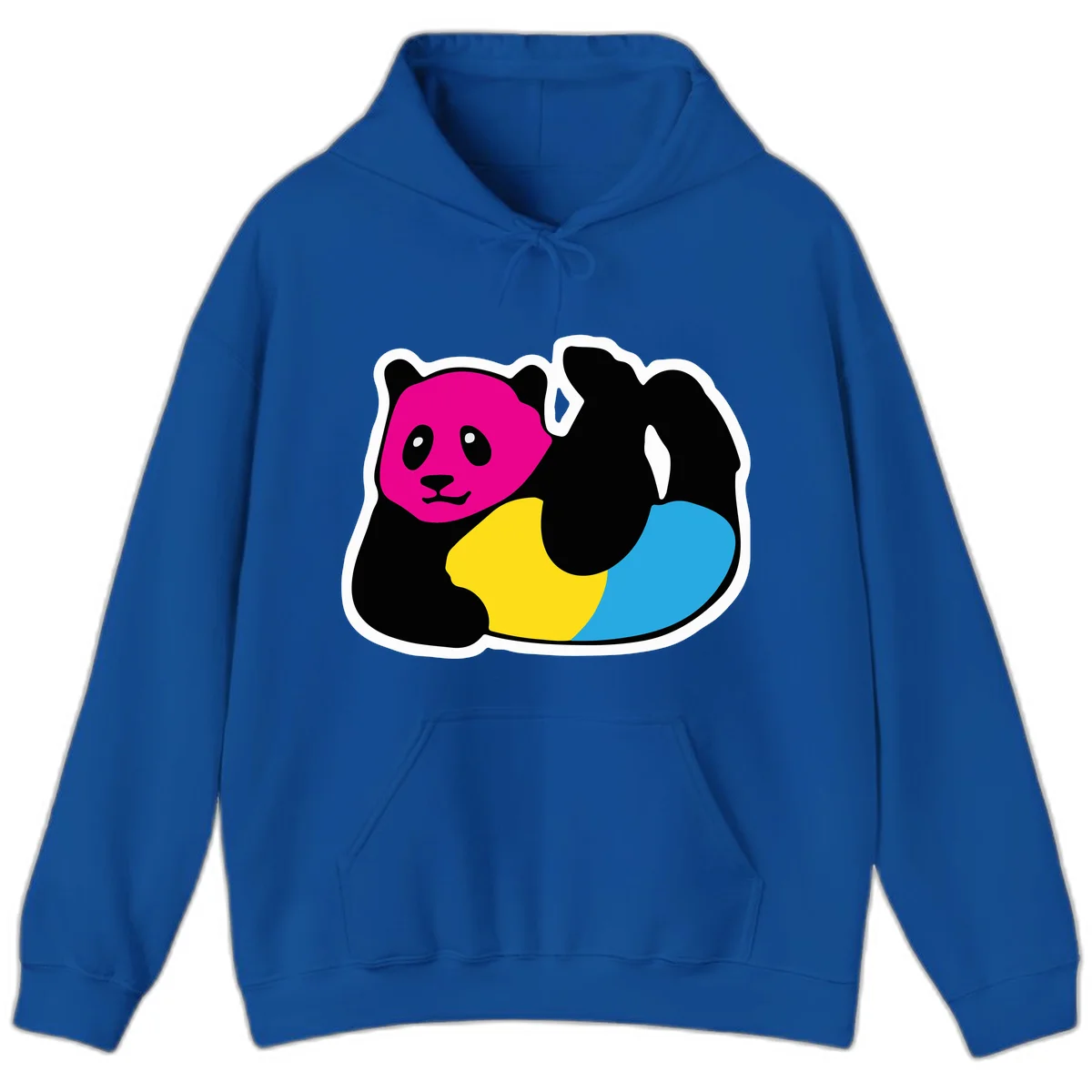 Cute panda illustration with magenta face, black body, and rainbow-colored yellow and cyan tail for pride-panda-rainbow design in Royal