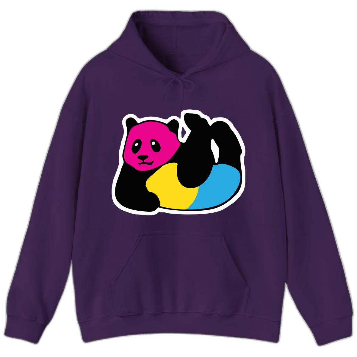 Cute panda illustration with magenta face, black body, and rainbow-colored yellow and cyan tail for pride-panda-rainbow design in Purple