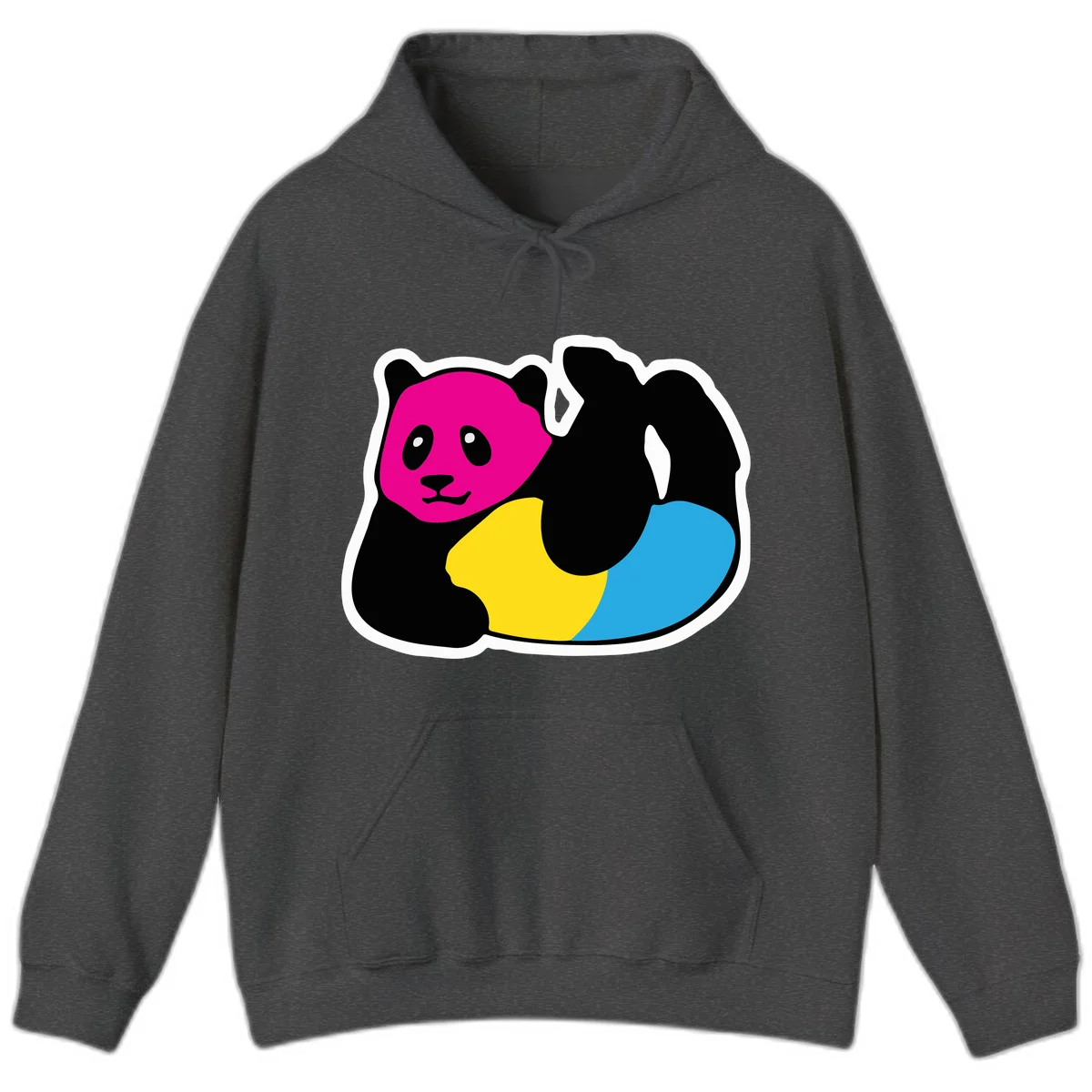 Cute panda illustration with magenta face, black body, and rainbow-colored yellow and cyan tail for pride-panda-rainbow design in Dark Heather